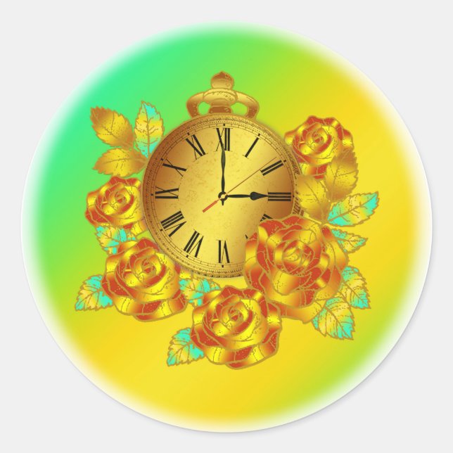 Red and Gold Flowers and Antique Clock Classic Round Sticker (Front)