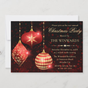 Red and Gold Foil Christmas Baubles Party Invitation