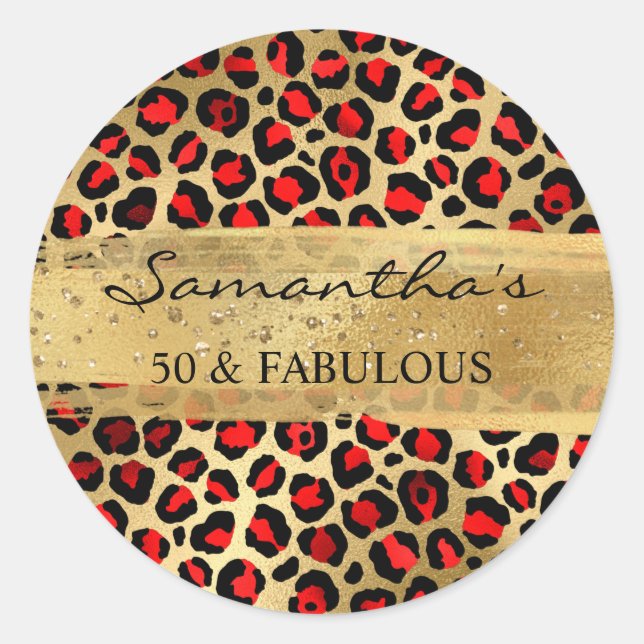 Red and Gold Foil Leopard 50 & Fabulous Classic Round Sticker (Front)