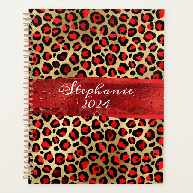 Red and Gold Foil Leopard Brush Stroke Planner (Front)