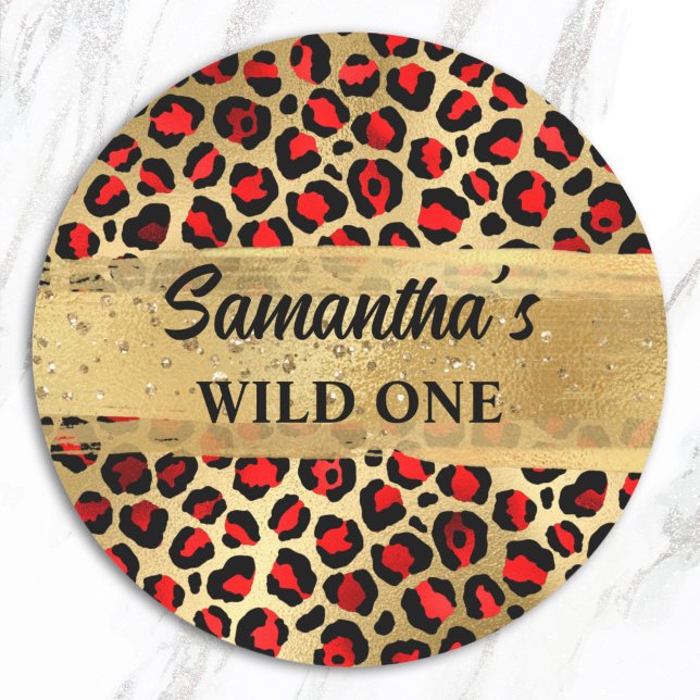 Red and Gold Foil Leopard Wild One Classic Round Sticker (Red and Gold Foil Leopard Wild One Classic Round Sticker)