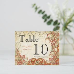 Red and Gold Gatsby Paisley Peacock Table Number Postcard