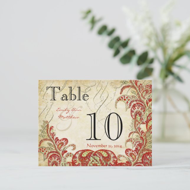 Red and Gold Gatsby Paisley Peacock Table Number Postcard (Standing Front)