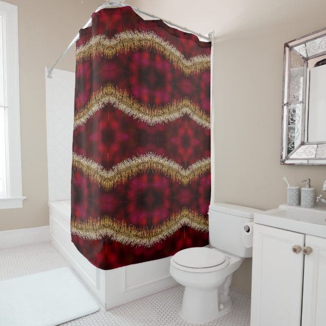Red and gold geometric large pattern shower curtain (In Situ)