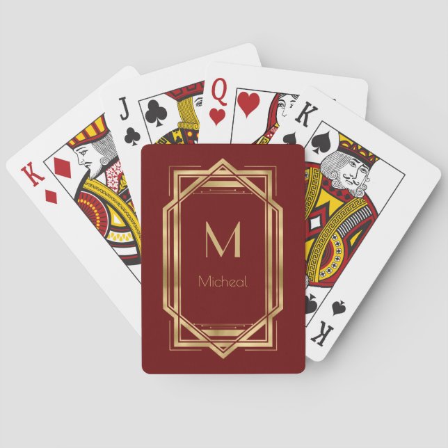 Red and Gold Geometric | Monogram & Name   Playing Cards (Back)