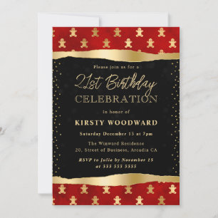 Red and Gold Gingerbread Men 21st Birthday Invitation