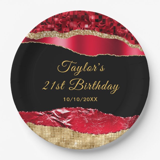 Red and Gold Glam Tears Birthday Party Paper Plate (Front)