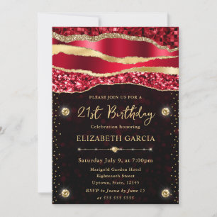 Red and Gold Glam Tears Bokeh Birthday Party Invitation