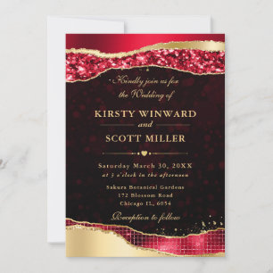Red and Gold Glam Tears Bokeh Wedding Invitation