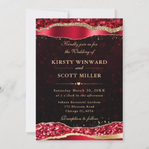 Red and Gold Glam Tears Bokeh Wedding Invitation