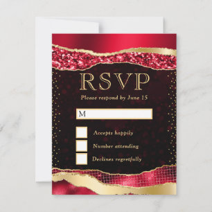 Red and Gold Glam Tears Bokeh Wedding RSVP Card