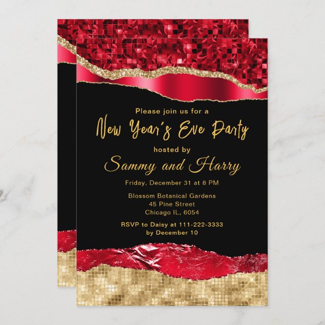 Red and Gold Glam Tears New Year's Eve Party Invitation (Front/Back)
