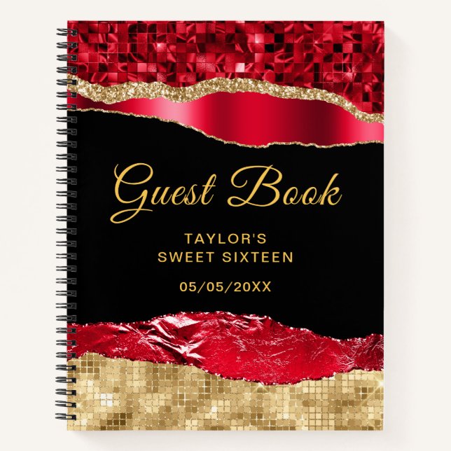 Red and Gold Glam Tears Sweet Sixteen Guest Book (Front)