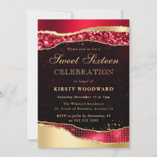 Red and Gold Glam Tears Sweet Sixteen Invitation