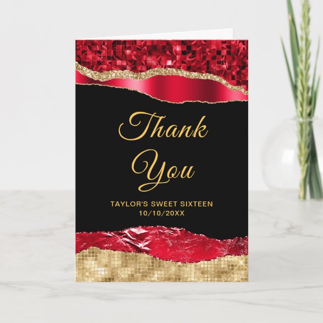 Red and Gold Glam Tears Sweet Sixteen Thank You Card (Front)