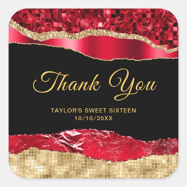 Red and Gold Glam Tears Sweet Sixteen Thank You Square Sticker (Front)