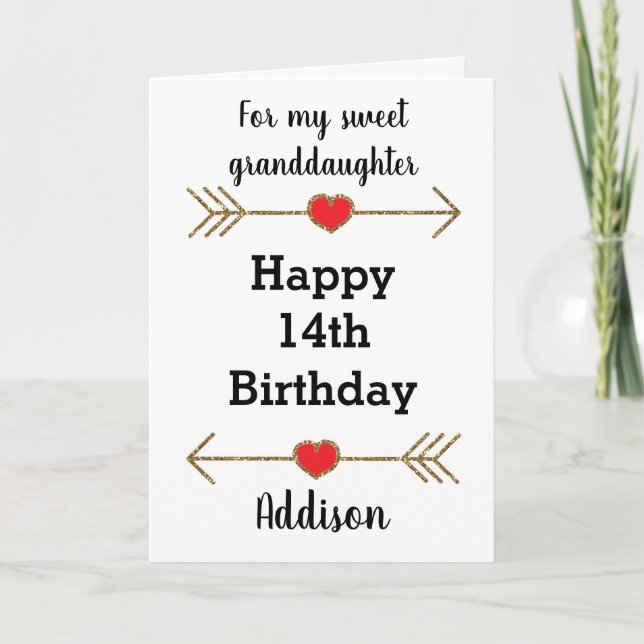 Red and Gold Glitter 14th Birthday Granddaughter Card (Front)