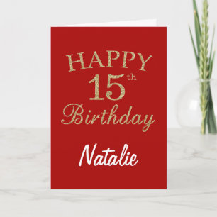 Red and Gold Glitter 15th Birthday Card