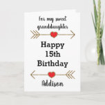 Red and Gold Glitter 15th Birthday  Card<br><div class="desc">A modern 15th birthday granddaughter card,  which you can easily personalise with her name. Features glittery arrows with hearts. Inside this 15th birthday granddaughter card reads a heartfelt message,  which can be personalised if wanted.</div>