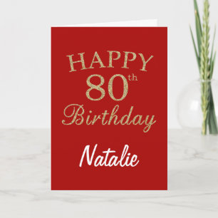 Red and Gold Glitter 80th Birthday Card