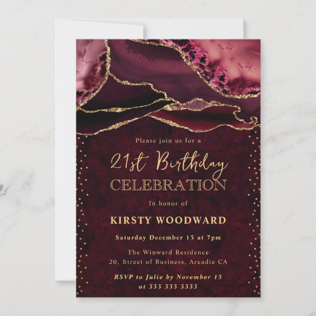 Red and Gold Glitter Agate 21st Birthday Invitation (Front)