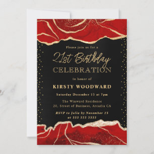Red and Gold Glitter Agate Birthday Party Invitation