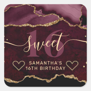 Red and Gold Glitter Agate Marble Sweet 16 Square Sticker