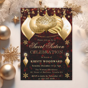 Red and Gold Glitter Baubles Sweet Sixteen Invitation