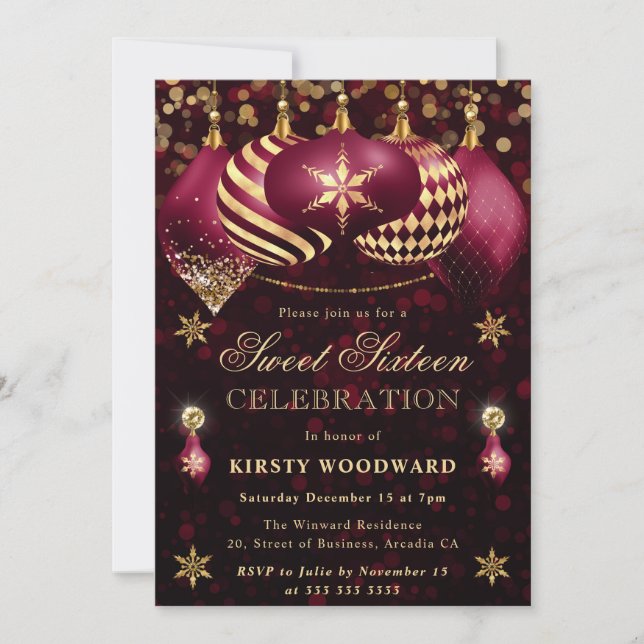 Red and Gold Glitter Baubles Sweet Sixteen Invitation (Front)