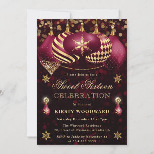 Red and Gold Glitter Baubles Sweet Sixteen Invitation