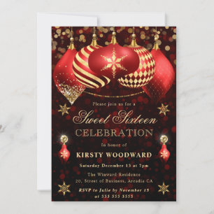 Red and Gold Glitter Baubles Sweet Sixteen Invitation