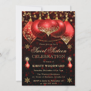 Red and Gold Glitter Baubles Sweet Sixteen Invitation