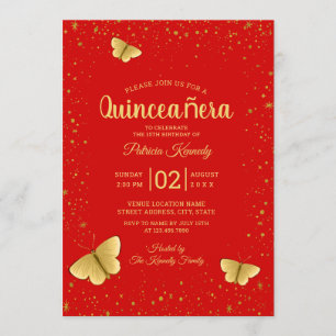 Red And Gold Glitter Butterfly Quinceanera Invitation