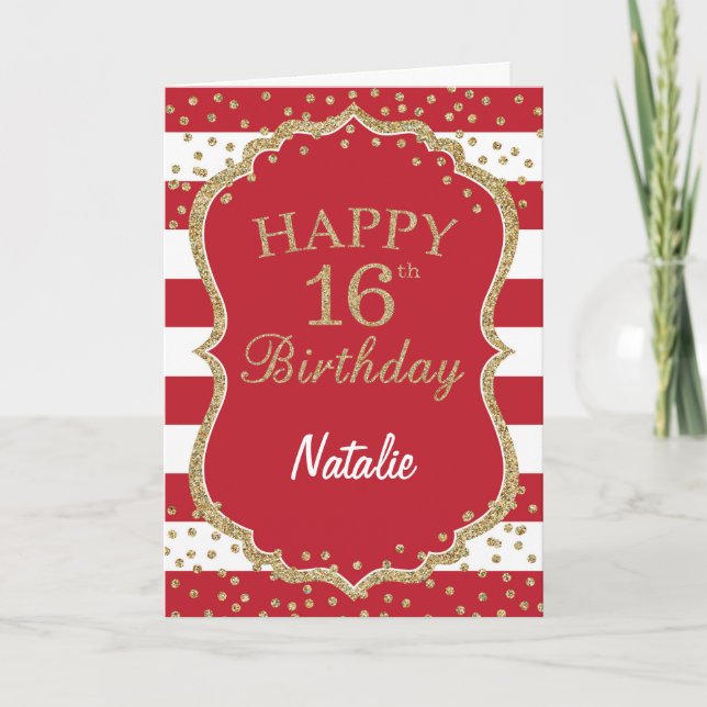 Red and Gold Glitter Confetti 16th Birthday Card (Front)