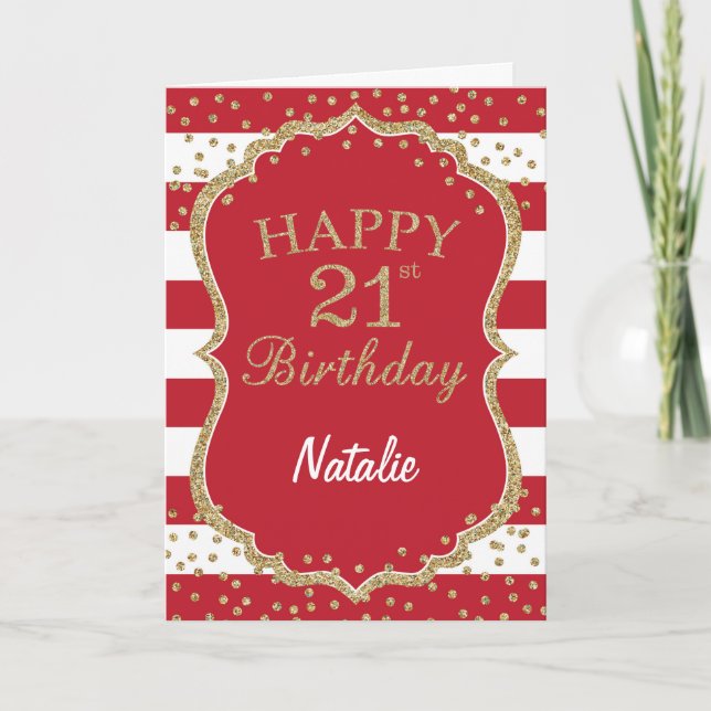 Red and Gold Glitter Confetti 21st Birthday Card (Front)