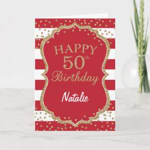 Red and Gold Glitter Confetti 50th Birthday Card