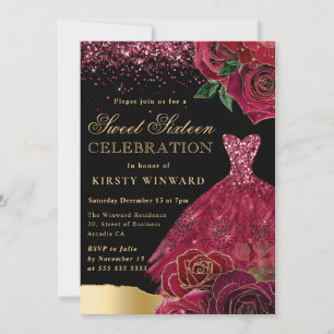 Red and Gold Glitter Dress Glam Roses Sweet 16 Invitation
