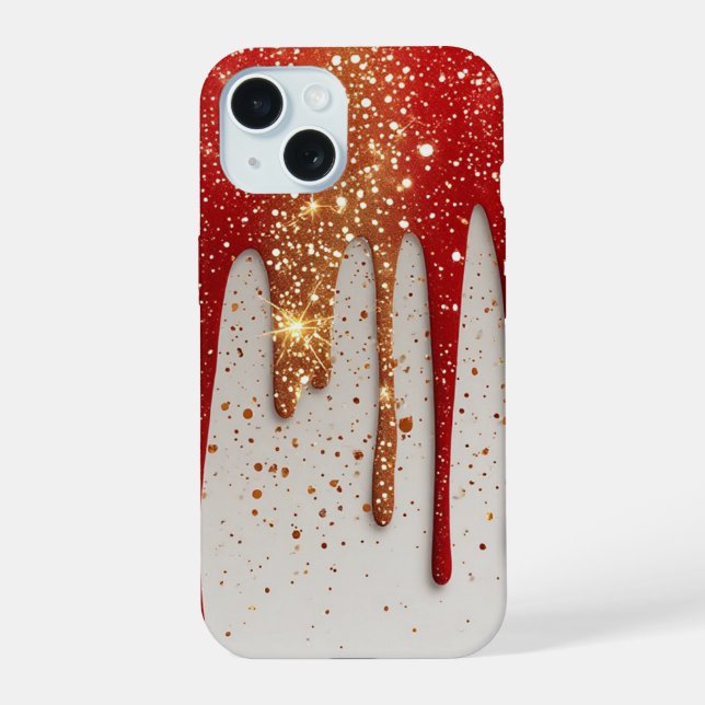 Red and Gold Glitter Dripping iPhone 15 Case (Back)