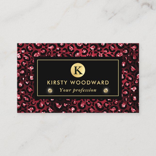 Red and Gold Glitter Glam Leopard Spots Pattern Business Card (Front)