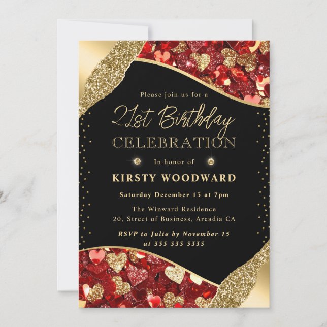Red and Gold Glitter Hearts 21st Birthday Invitation (Front)
