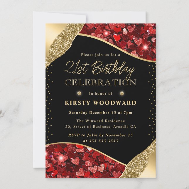Red and Gold Glitter Hearts 21st Birthday Invitation (Front)