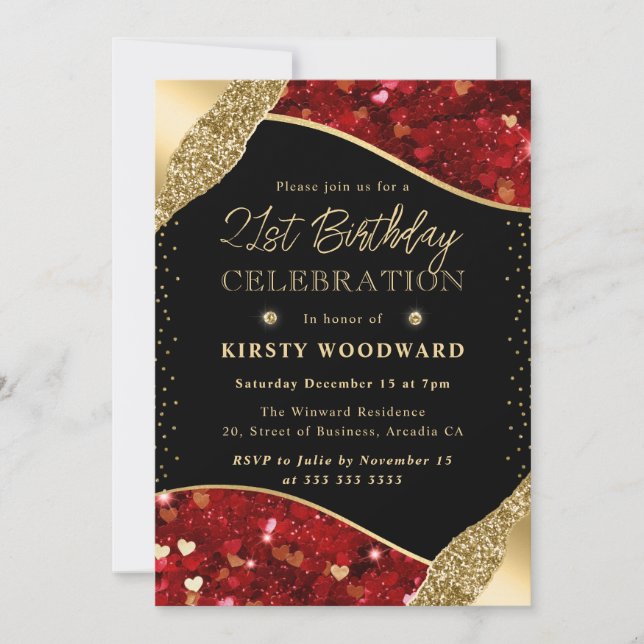 Red and Gold Glitter Hearts 21st Birthday Invitation (Front)