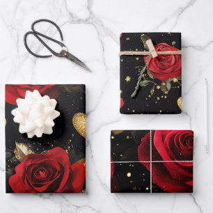 Red and Gold Glitter Hearts and Roses Valentine's  Wrapping Paper Sheet