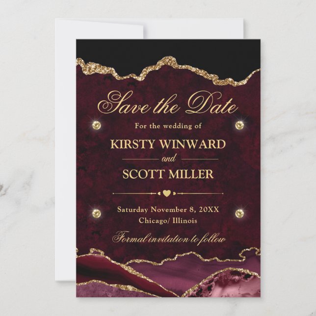 Red and Gold Glitter Marble Agate Save the Date (Front)