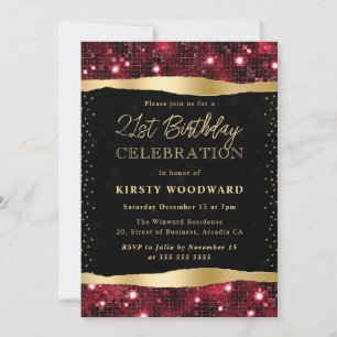 Red and Gold Glitter Shimmer 21st Birthday Invitation