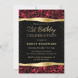 Red and Gold Glitter Shimmer 21st Birthday Invitation