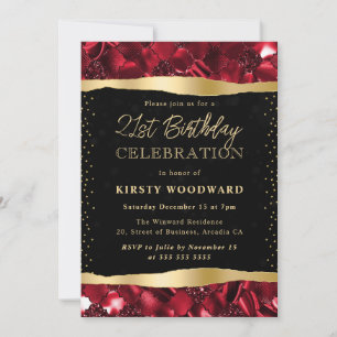 Red and Gold Glitter Shimmer 21st Birthday Invitation