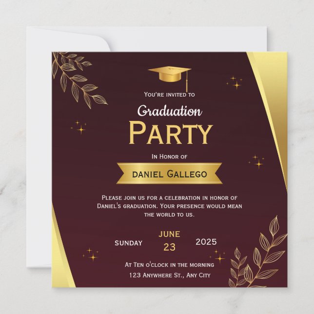 Red and Gold Graduation Party Flat Card (Front)