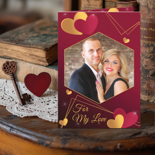 Red and Gold Hearts Custom Photo Romantic Holiday Card