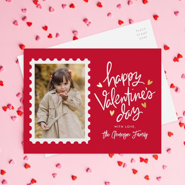 Red and Gold Hearts Stamp Photo Valentine's Day Foil Holiday Postcard (Creator Uploaded)